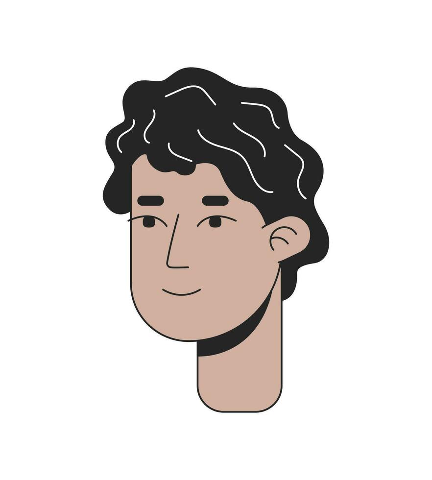 Curly hair hispanic young man 2D linear cartoon character head. Spanish guy wavy hairstyle isolated line vector person face white background. Latin american boy color flat spot illustration