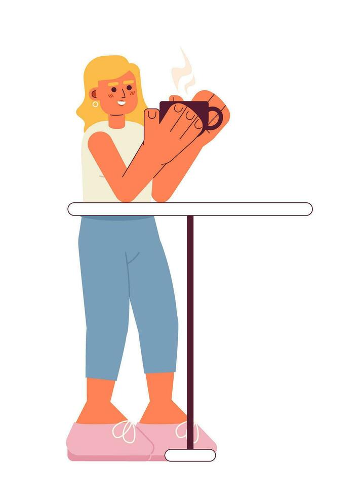 Caucasian woman drinking coffee semi flat color vector character. Cafeteria table. Coffee break. Editable full body person on white. Simple cartoon spot illustration for web graphic design