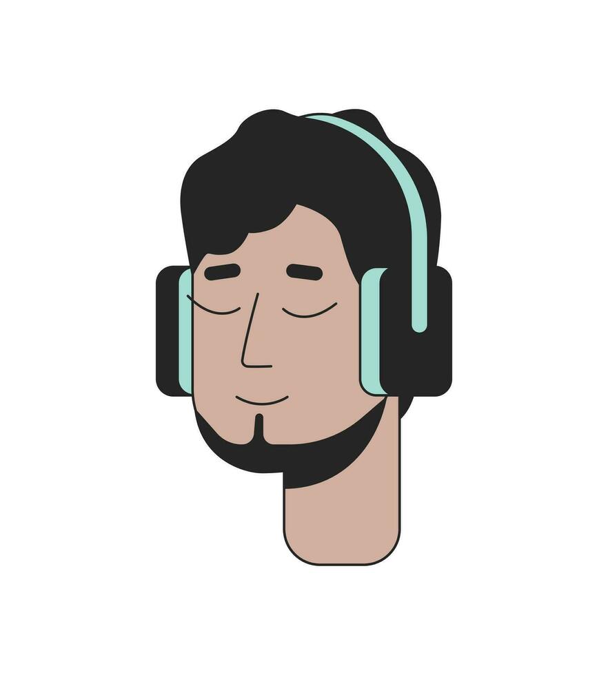 Old dutch bearded arab man wearing headphones 2D linear cartoon character head. Middle eastern adult chin curtain beard isolated line vector person face white background. Color flat spot illustration