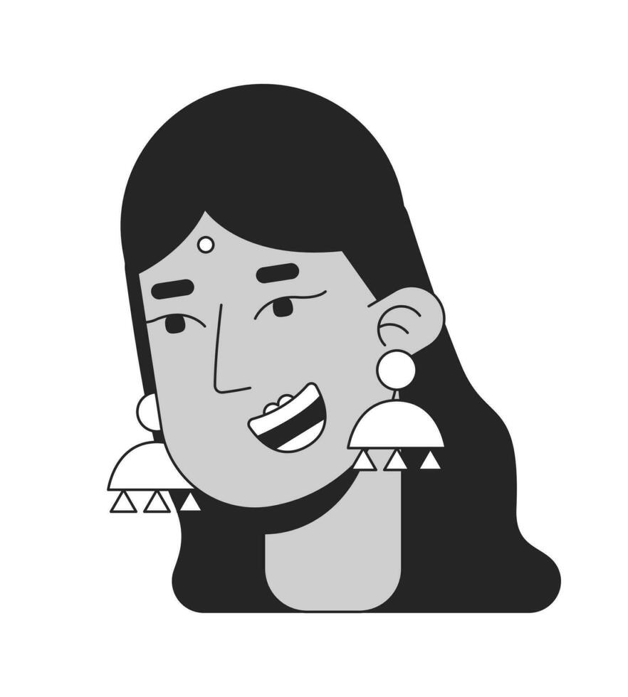 Traditional hindu woman smiling black and white 2D line cartoon character head. Indian bride isolated vector outline person face. South asian lady wearing bindi monochromatic flat spot illustration