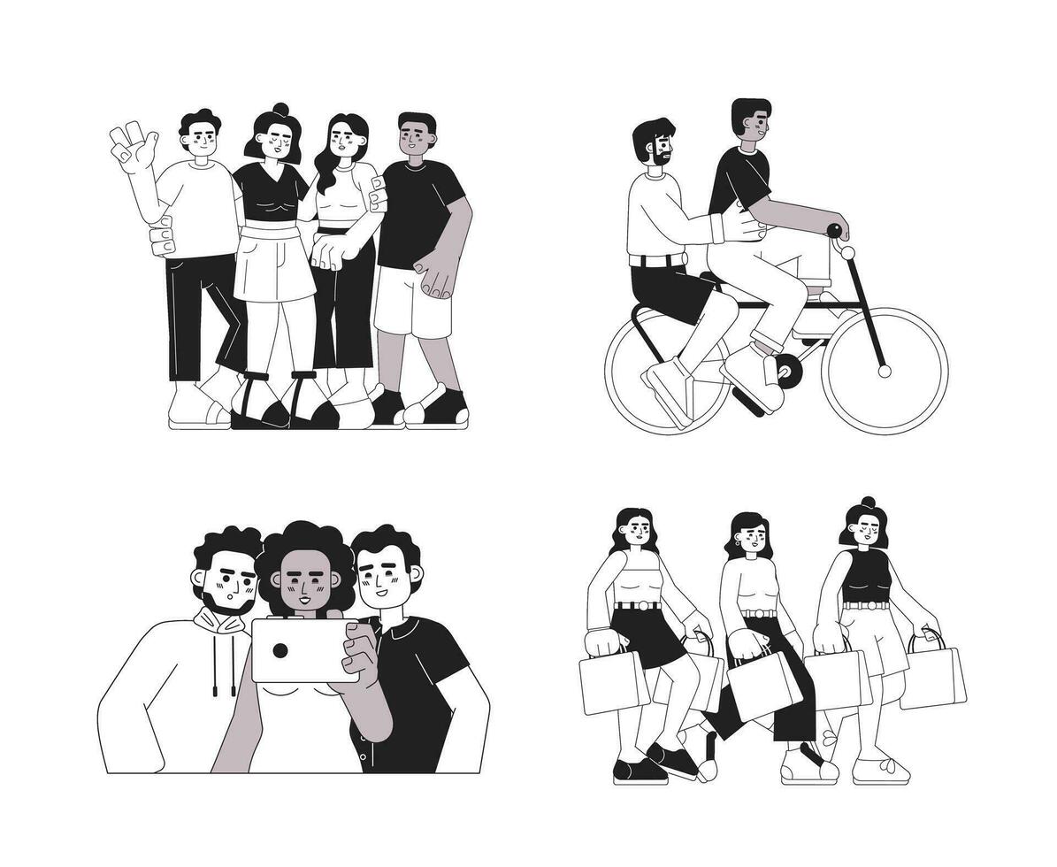Friends activities monochromatic flat vector characters set. Spending time together. Editable thin line full body people on white. Simple bw cartoon spot images collection for web graphic design