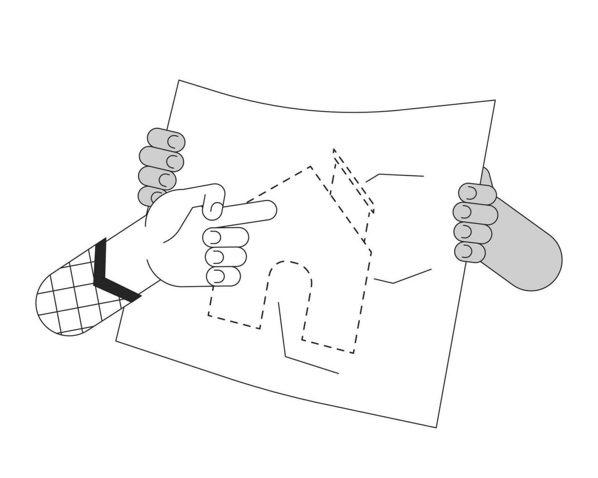 Suggesting changes to blueprint home cartoon human hands outline illustration. Brainstorming building project 2D isolated black and white vector image. Improvement flat monochromatic drawing clip art