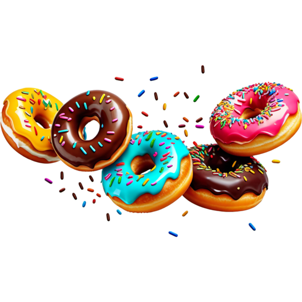 Falling glazed donuts with sprinkles. AI Generative png