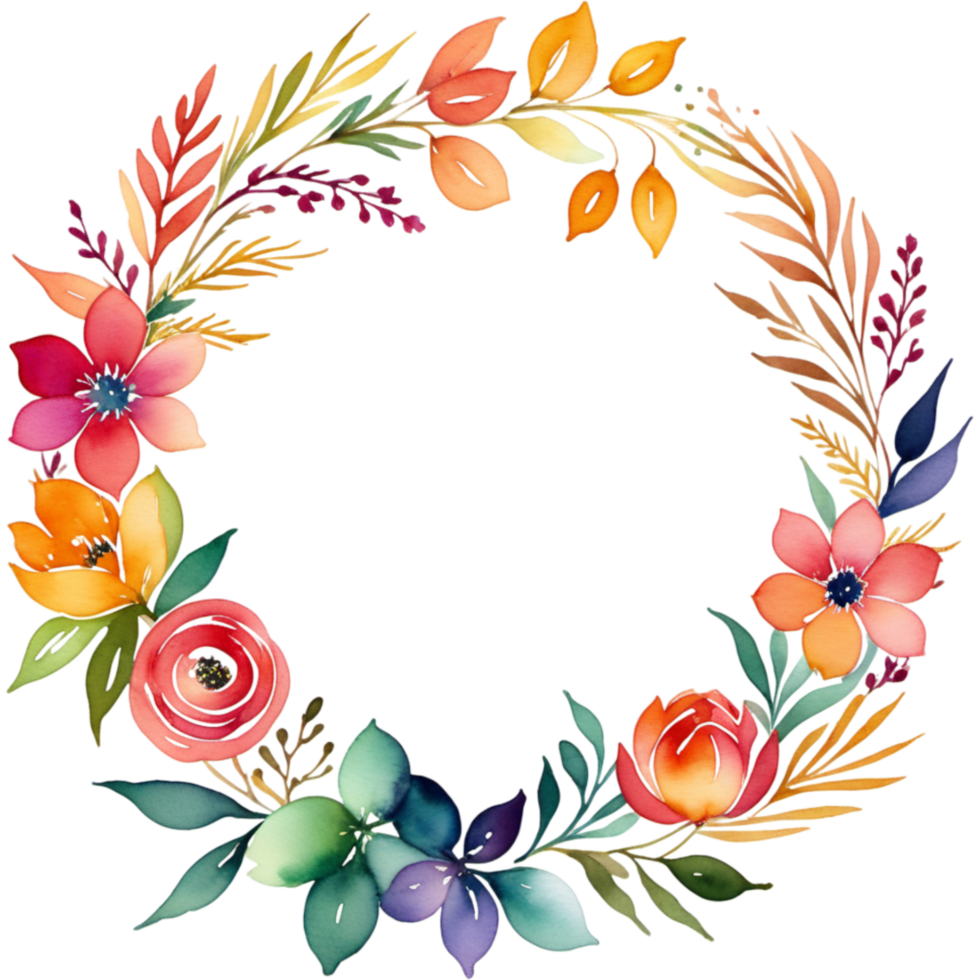 Colorful watercolor floral wreath with golden circle. AI Generative png