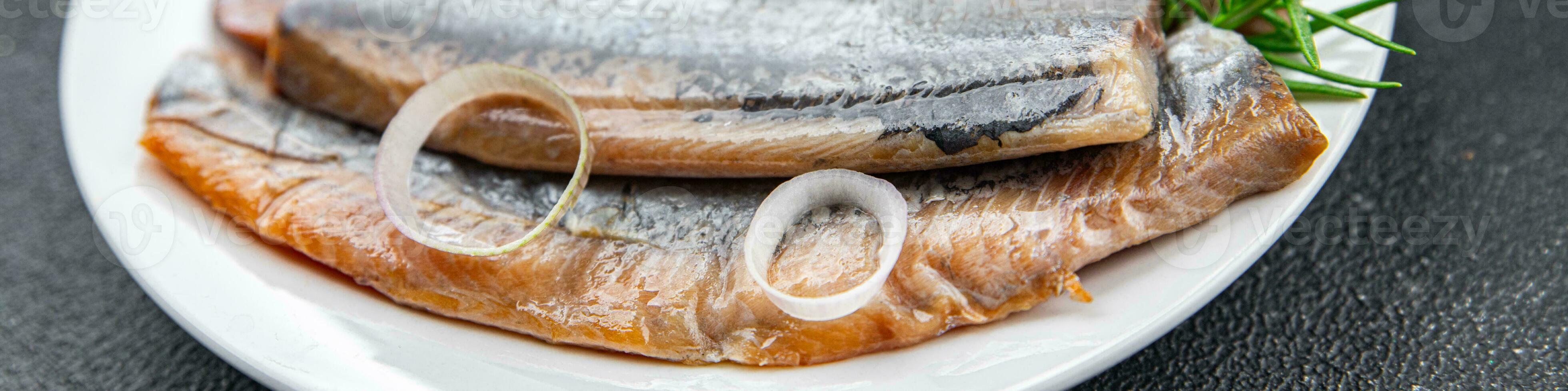 herring fresh salted fish tasty seafood healthy eating cooking appetizer meal food snack Pescetarian diet on the table copy space photo