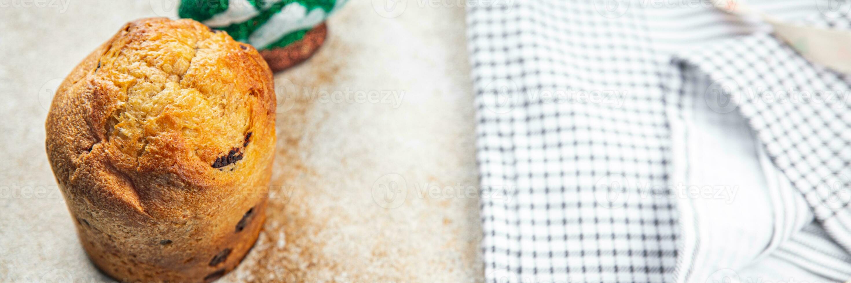 panettone christmas baking sweet pastry dried fruits chocolate Christmas sweet dessert holiday treat new year celebration meal food snack on the table copy space food background rustic top view photo