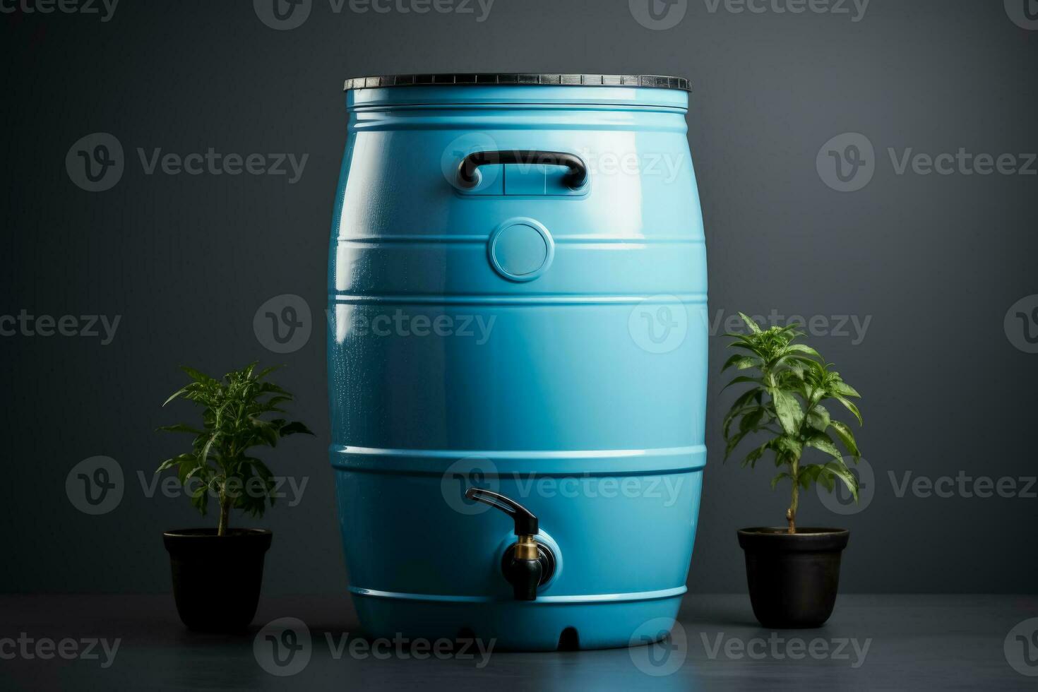 Rainwater collection barrel for garden irrigation isolated on a gradient background photo