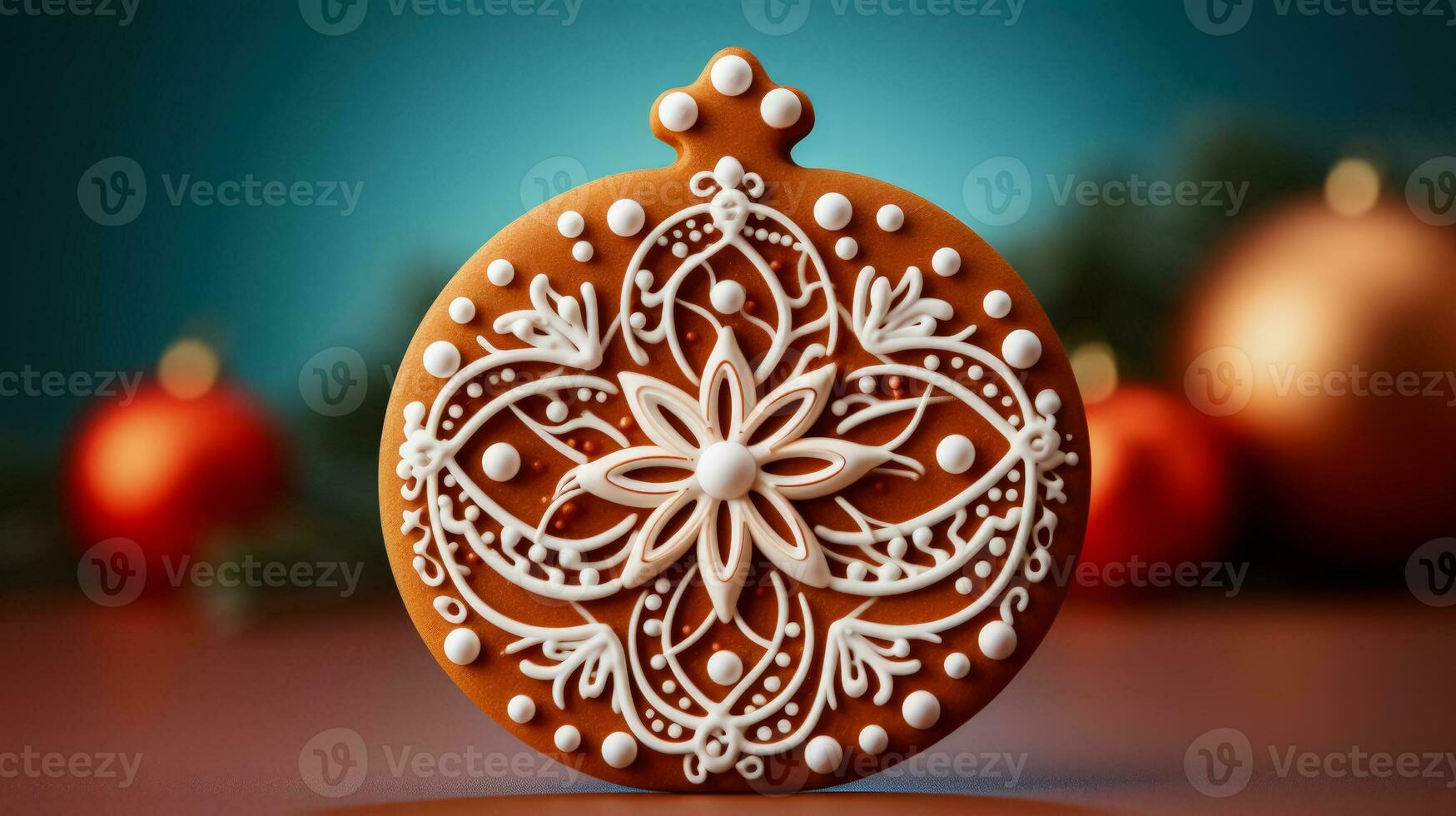 Eco friendly edible gingerbread ornament isolated on a gradient Christmas themed background photo