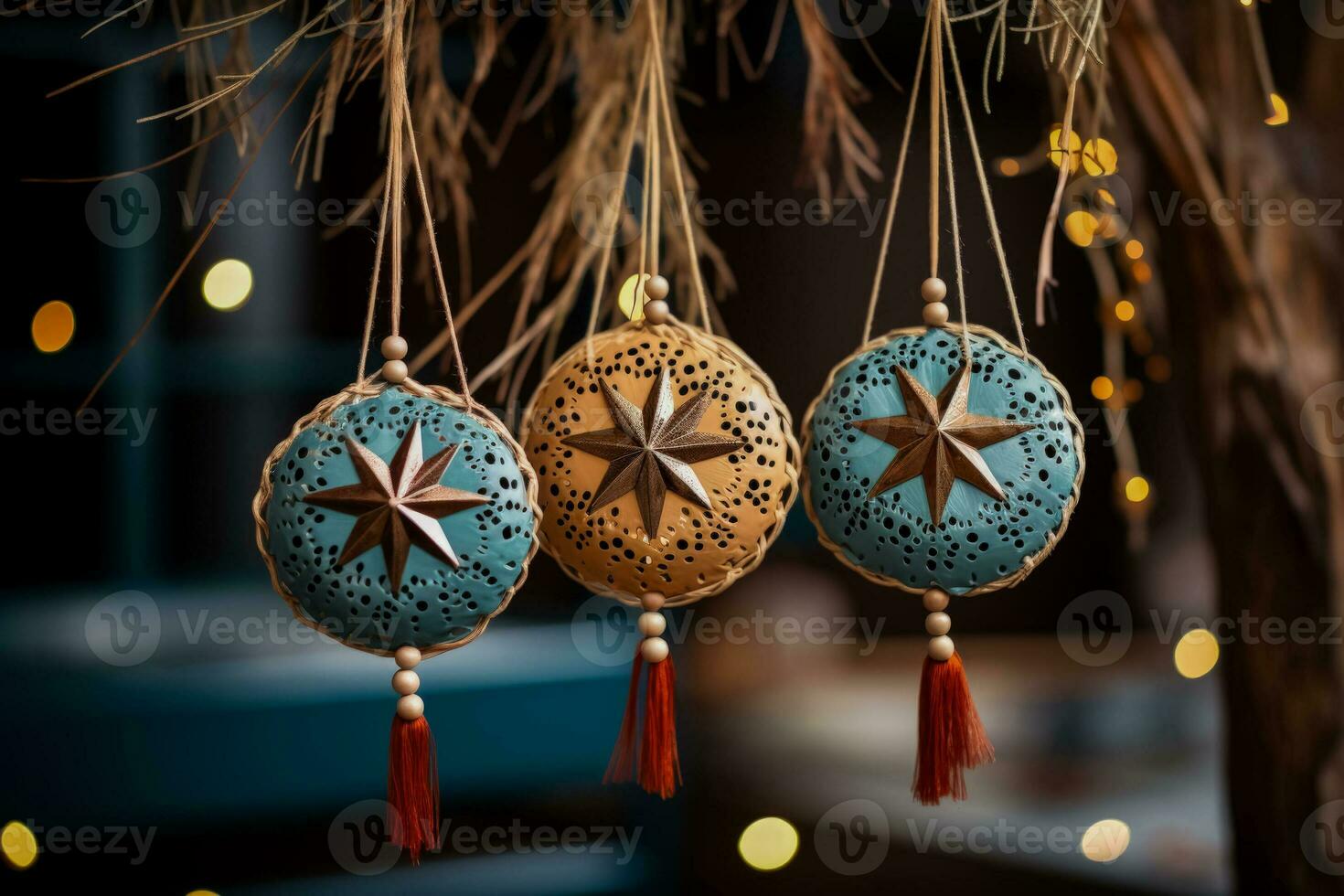 Handmade Christmas ornaments from recycled materials in festive setting photo