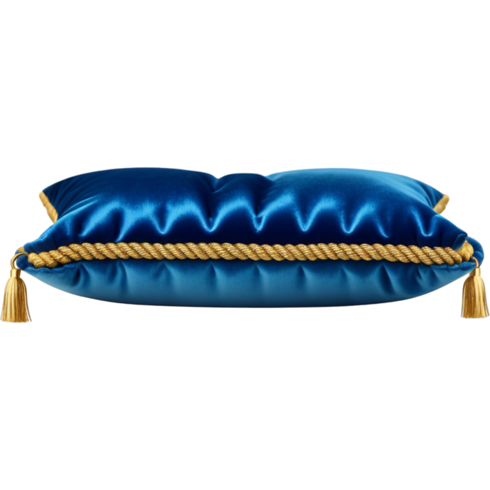 azul terciopelo almohada con oro cuerda. ai generativo png