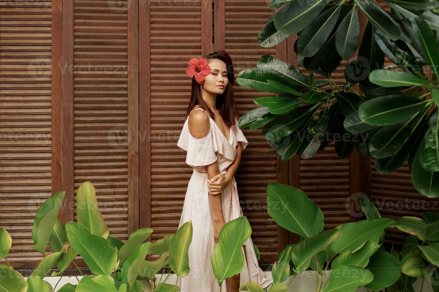 Graceful Asian woman with perfect skin  and hibiscus flower in hairs posing over wood wall and tropical plants. Summer fashion portrait. photo