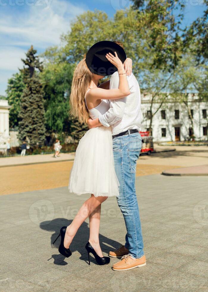 Full height romantic emotional portrait of two lovers photo