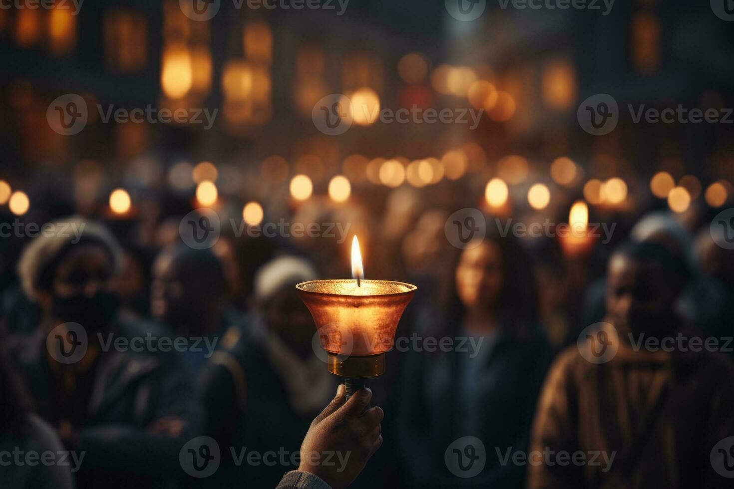Crowd holding candles on Human Rights Day background with empty space for text photo