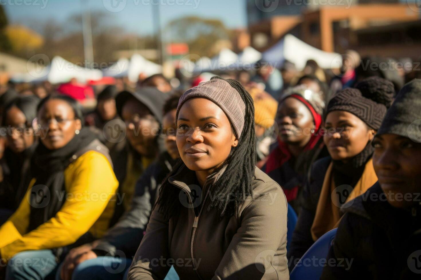 Crowd sitting peacefully advocating for justice on Human Rights Day photo