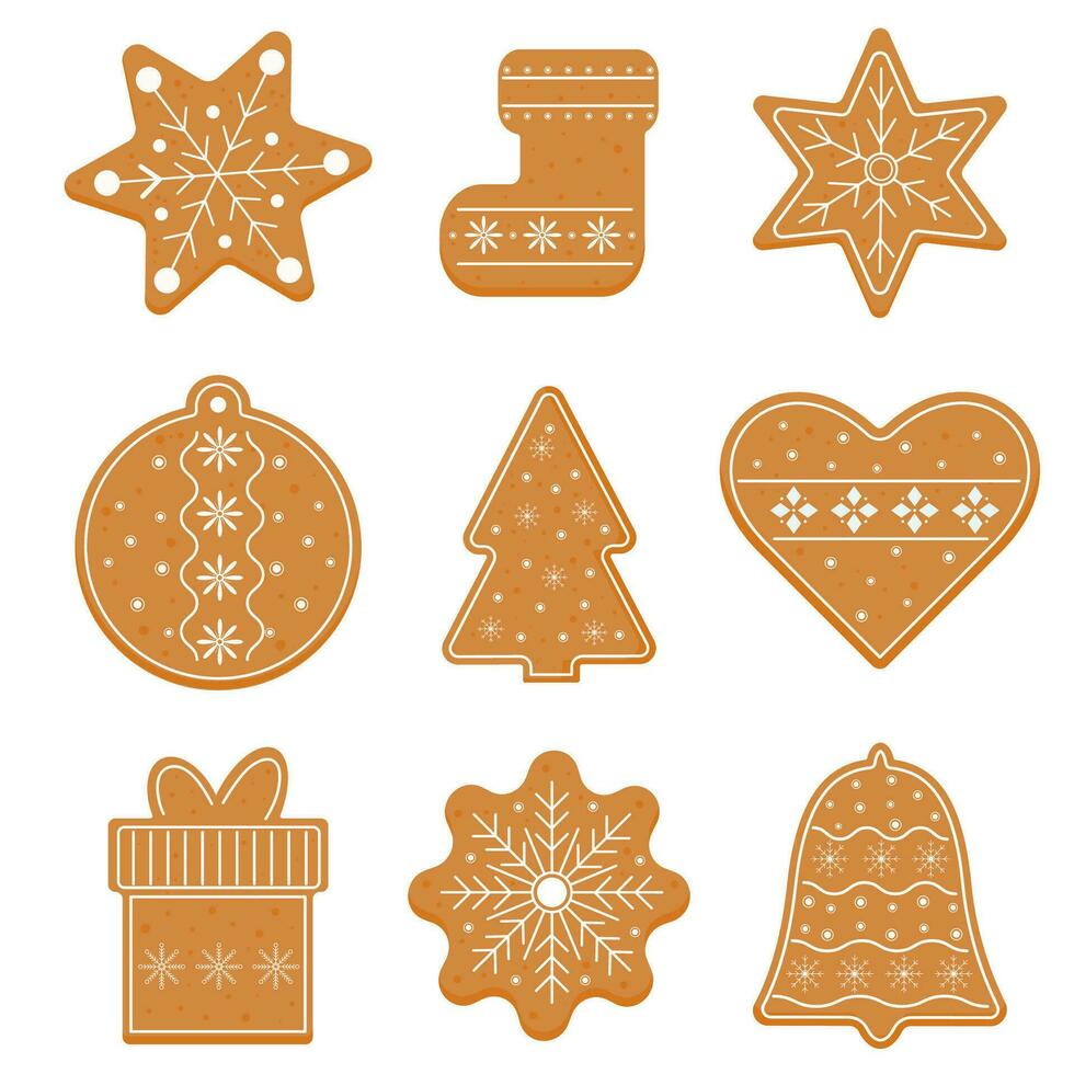 Christmas gingerbread cookies isolated on white background. Set of holiday cookies. Christmas pastries, gingerbread cookies with festive decoration. Suitable for decoration gift paper, greetings card. vector