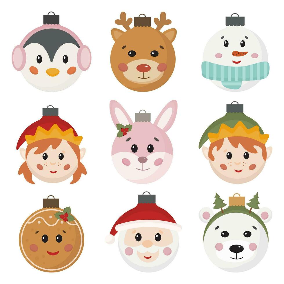 Set of hand drawn Christmas toys. Animals faces, S Santa Claus, Elf, cute Christmas balls for kids. Xmas glass toy. Holiday Christmas toy for fir tree. For invitation, poster, banner, flyer, placard. vector