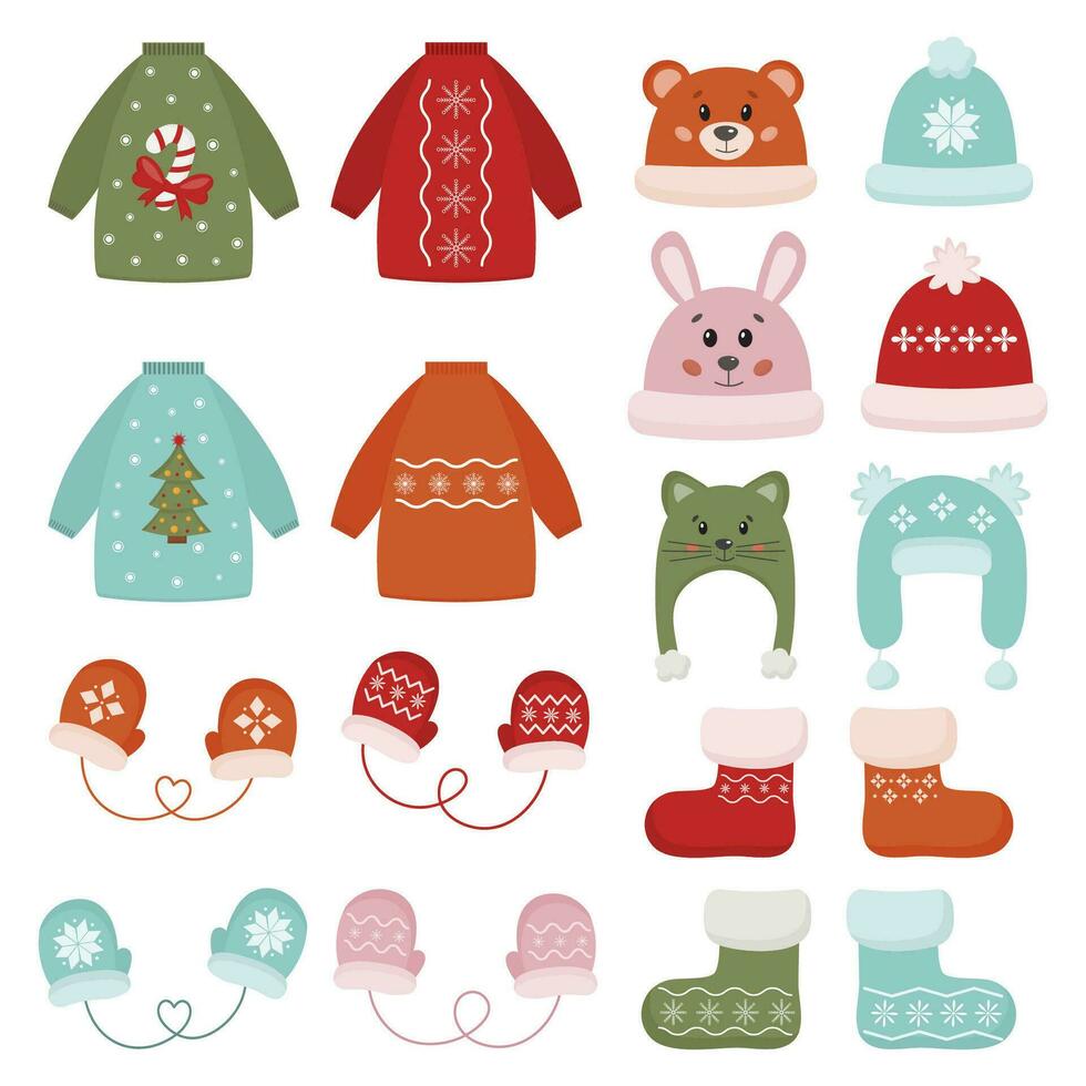 Winter clothing set with hats, sweater, socks, mittens. Clothes with different Christmas textures isolated on white background. Items for cold season. Collection of warm cozy clothes for Christmas. vector
