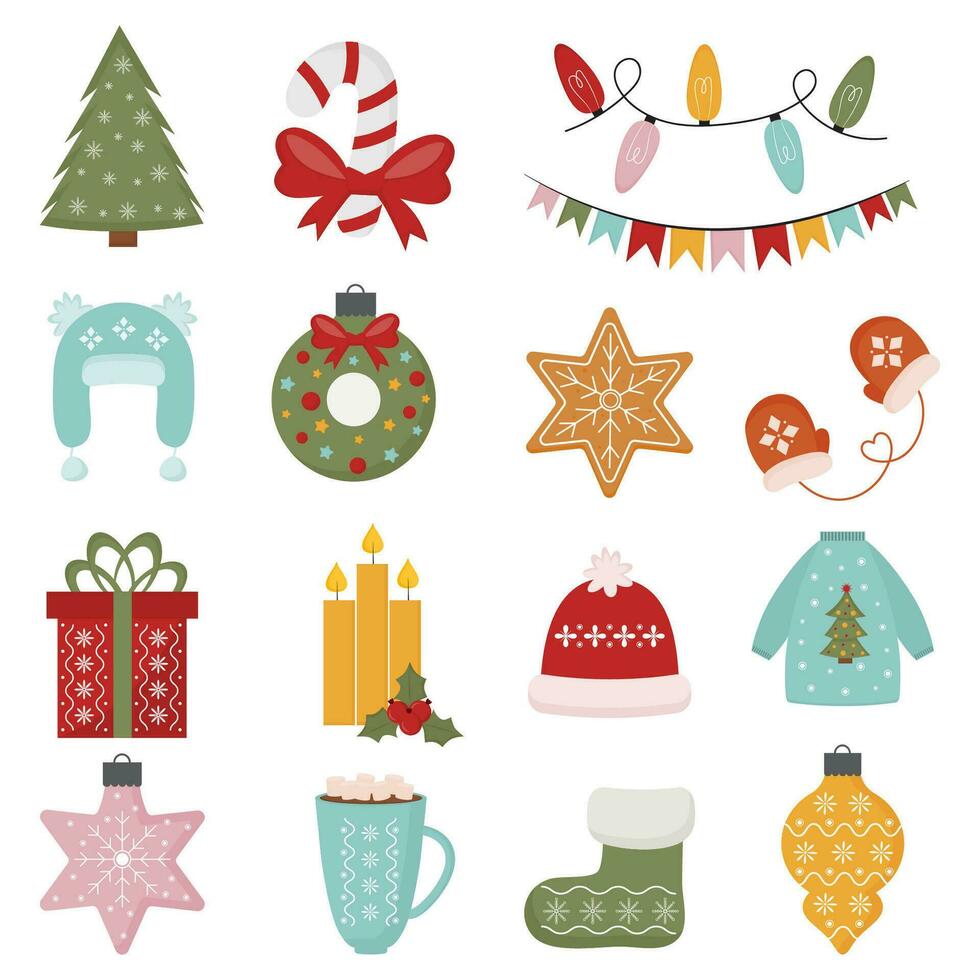 Set of Christmas and New year elements with gift, fir tree toys, sweater, cookies, and other decoration elements. Set of winter holiday icons. Design for prints, cards, posters. vector