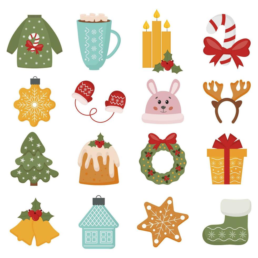 Christmas festive vector collection with Christmas tree toys, gift, fir tree, sweater, cookies, candy. Set of winter holiday icons. Design for prints, cards, posters. Bright Christmas set.