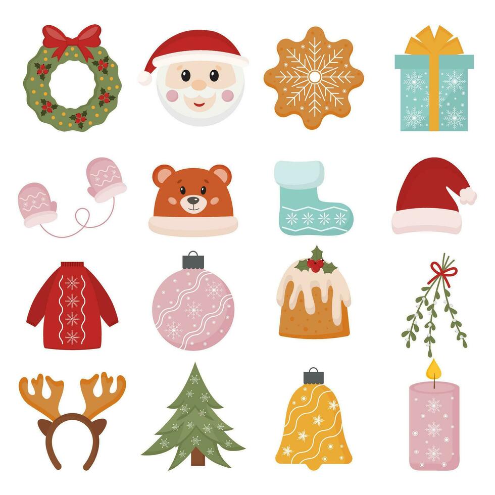 Christmas festive vector collection with Christmas tree toys, gift, fir tree, sweater, cookies, candy. Set of winter holiday icons. Design for prints, cards, posters.