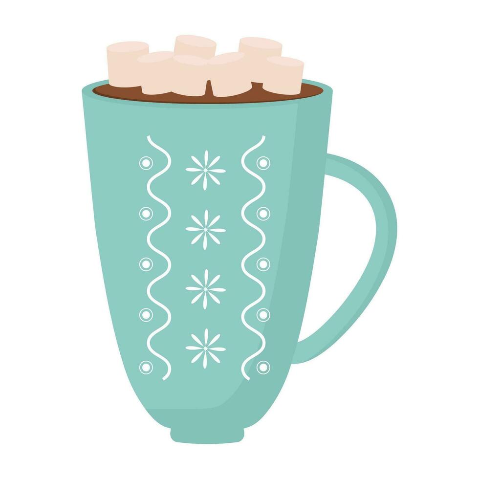 linda taza de invierno con bebidas calientes cacao, café, capuchino, decoración y crema. taza de café navideña para tarjeta, pegatina, invitación. vector