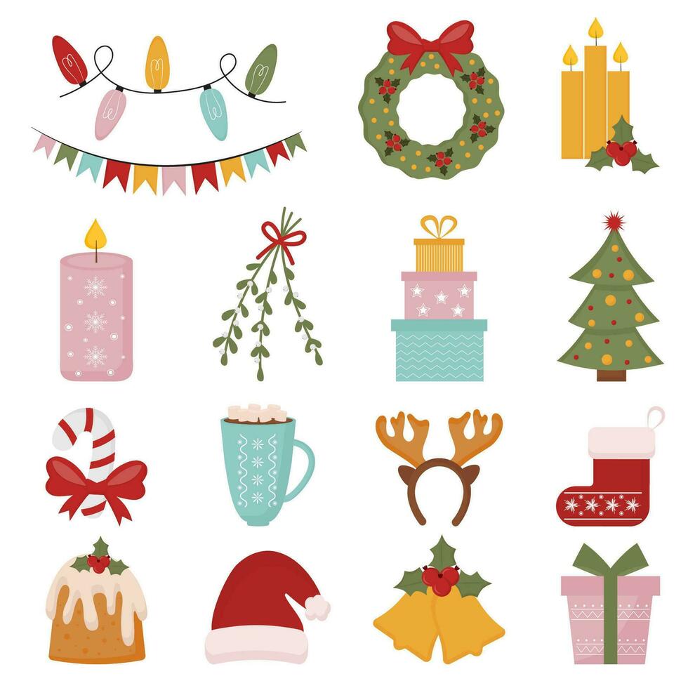 Set of Christmas and New year elements with gift, fir tree toys, sweeter, cookies and other decoration elements. Set of winter holiday icons. Design for prints, cards, posters. vector