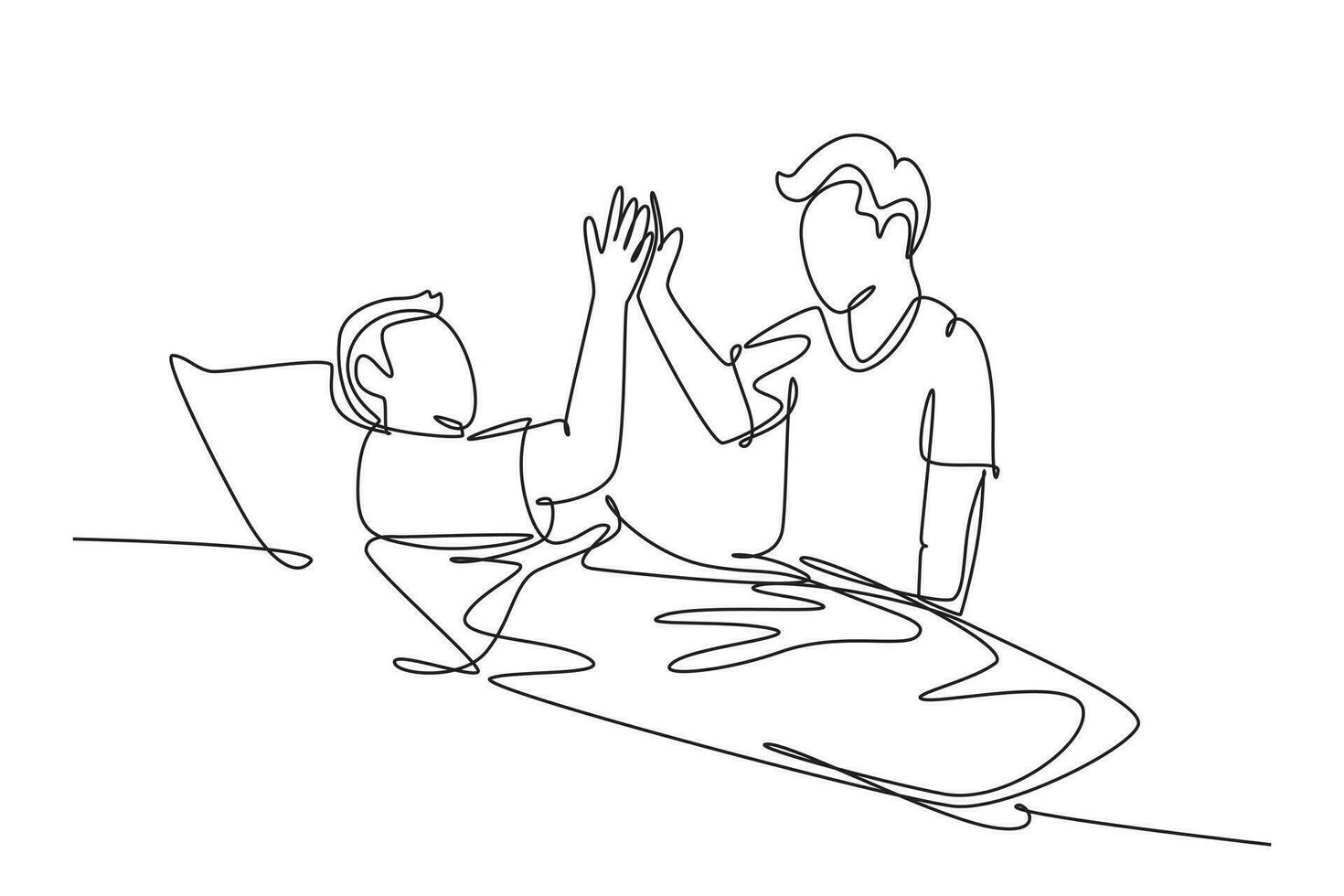 Single continuous line drawing son take care of sick father at hospital and should be take a bed rest and give high five gesture. Medical healthcare. One line draw graphic design vector illustration