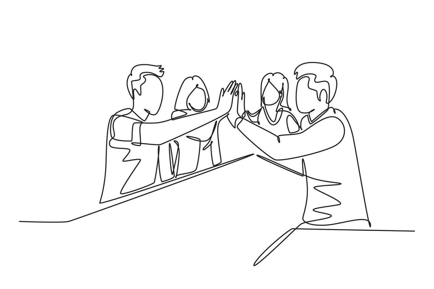 Single continuous line drawing of businessmen and businesswomen celebrating their successive goal at business meeting with high five gesture. Business deal. One line graphic design vector illustration