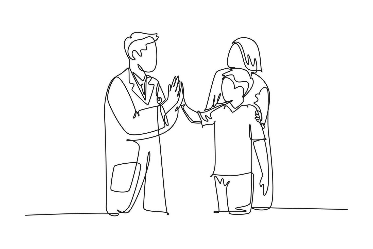 Single one line drawing of young happy male doctor checking up sick patient boy and giving high five gesture. Medical healthcare concept. Modern continuous line draw design graphic vector illustration