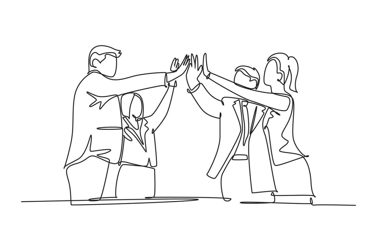 Single continuous line drawing of businessmen and businesswomen celebrating their successive goal at business meeting with high five gesture. Business deal. One line graphic design vector illustration