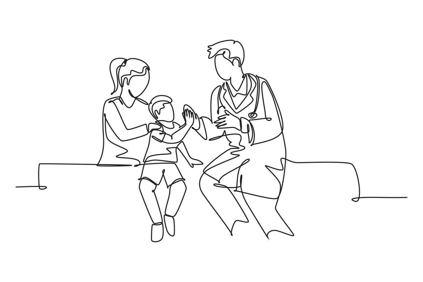 Single one line drawing young happy male doctor checking up sick patient boy, giving high five gesture. Medical healthcare at hospital concept. Continuous line draw design graphic vector illustration