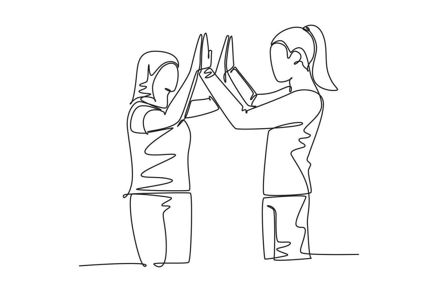 Single one line drawing two best friends girls reunite and giving high five gesture when meeting at the street. Happy friendship concept. Modern continuous line draw design graphic vector illustration