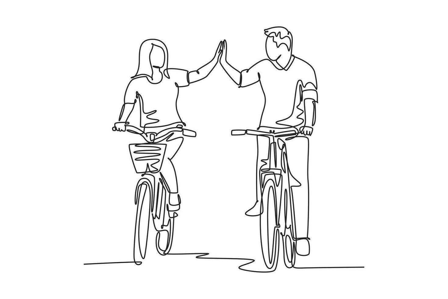 Single one line drawing young happy couple riding bicycle romantically holding hands together at outdoor park. Love relationship concept. Modern continuous line draw design graphic vector illustration