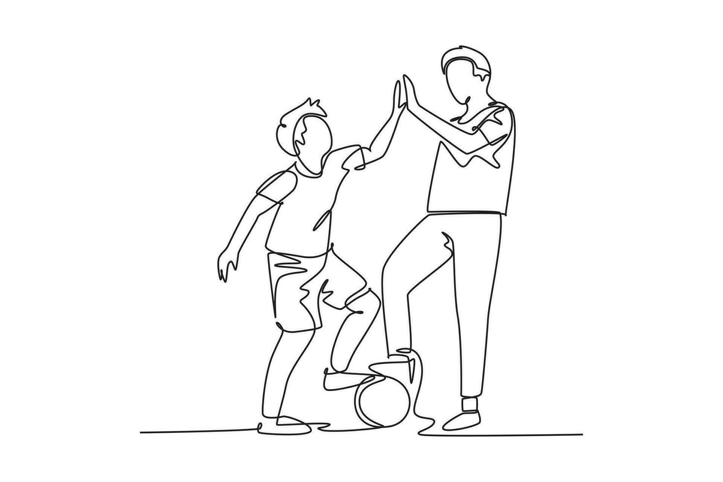 Continuous one line drawing active father and son playing football together on outdoor field and giving high five gesture. Happy parenting concept. Single line draw design vector graphic illustration
