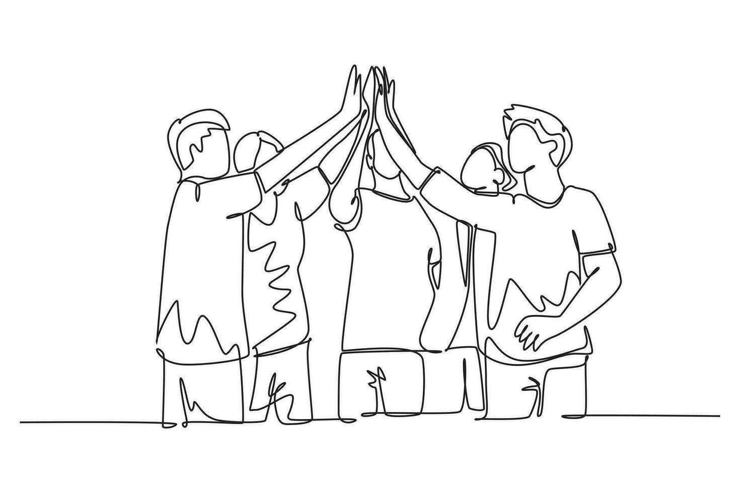 soltero continuo línea dibujo grupo de hombre y mujer celebrando su sucesivo objetivo con alto cinco gesto juntos. negocio reunión acuerdo concepto. uno línea dibujar gráfico diseño vector ilustración