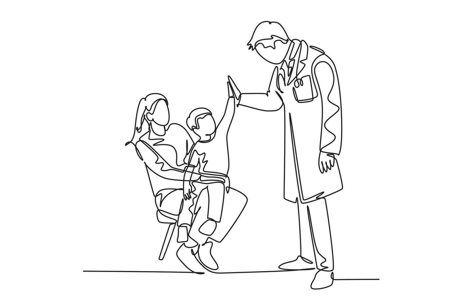 Continuous one line drawing active young happy father visited by his son and wife at office then giving high five gesture. Parenting care concept. Single line draw design vector graphic illustration