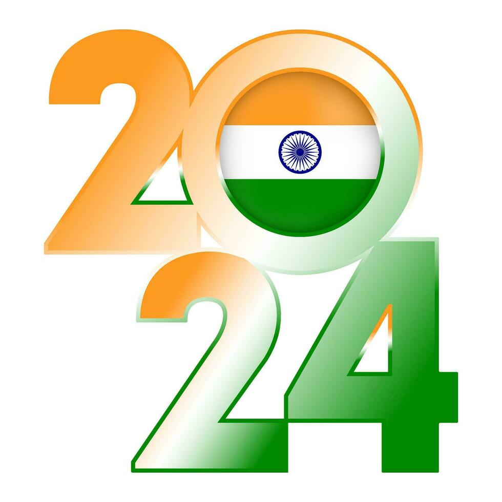 Happy New Year 2024 banner with India flag inside. Vector illustration.