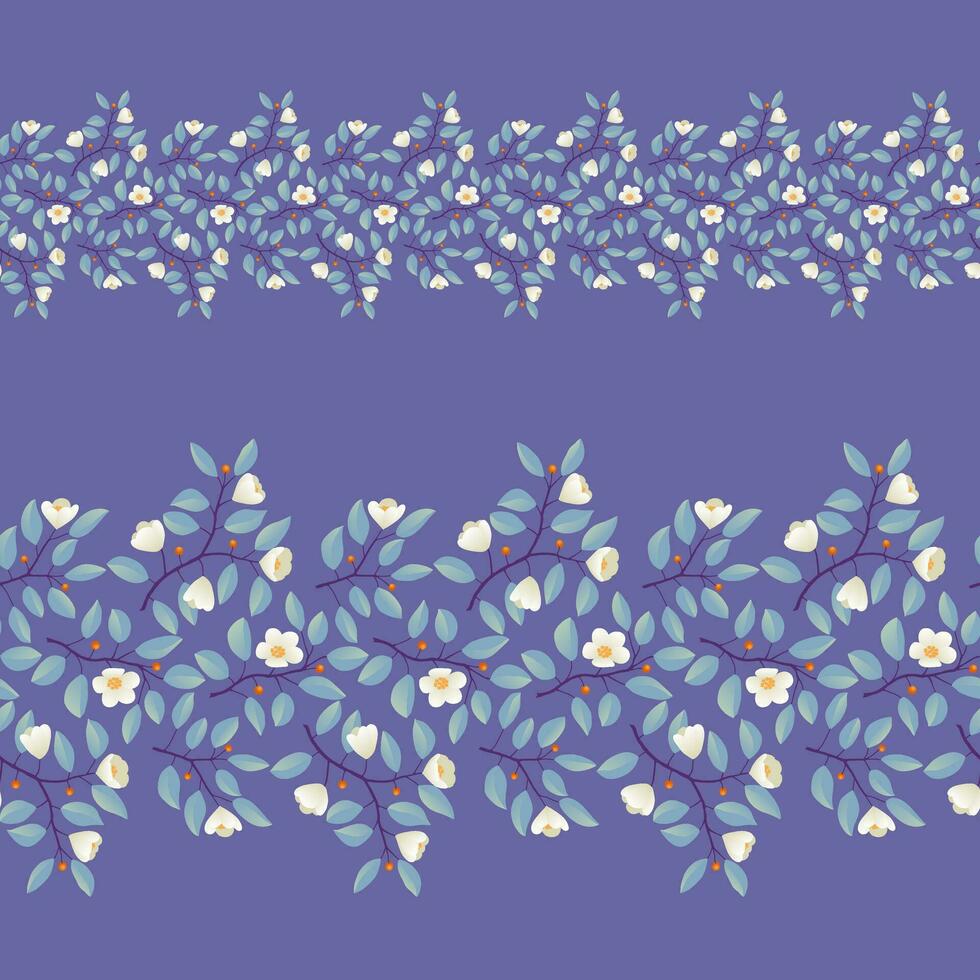 Floral border, branches with teal leaves and light cream flowers on purple. Vector illustration, design for poster, banner, invitation, book, fashion fabric, wrapping.