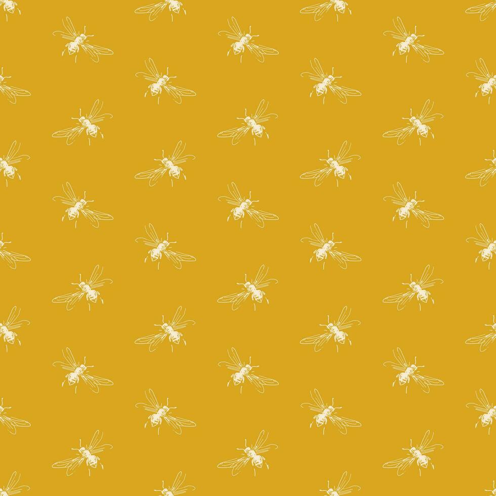 Simple seamless pattern of freehand sketch of flying bees, drawn and digitized, in two colors. Vector illustration for fashion, package design, wallpaper, textile, fabric, wrapping paper.
