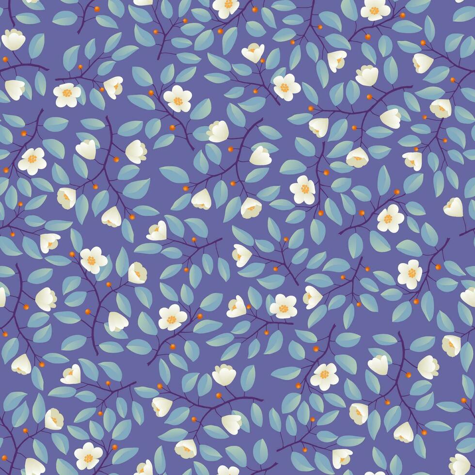 Floral background - seamless pattern, branches with teal leaves and light cream flowers on purple. Vector illustration, design for wallpaper, textile, fabric, wrapping.