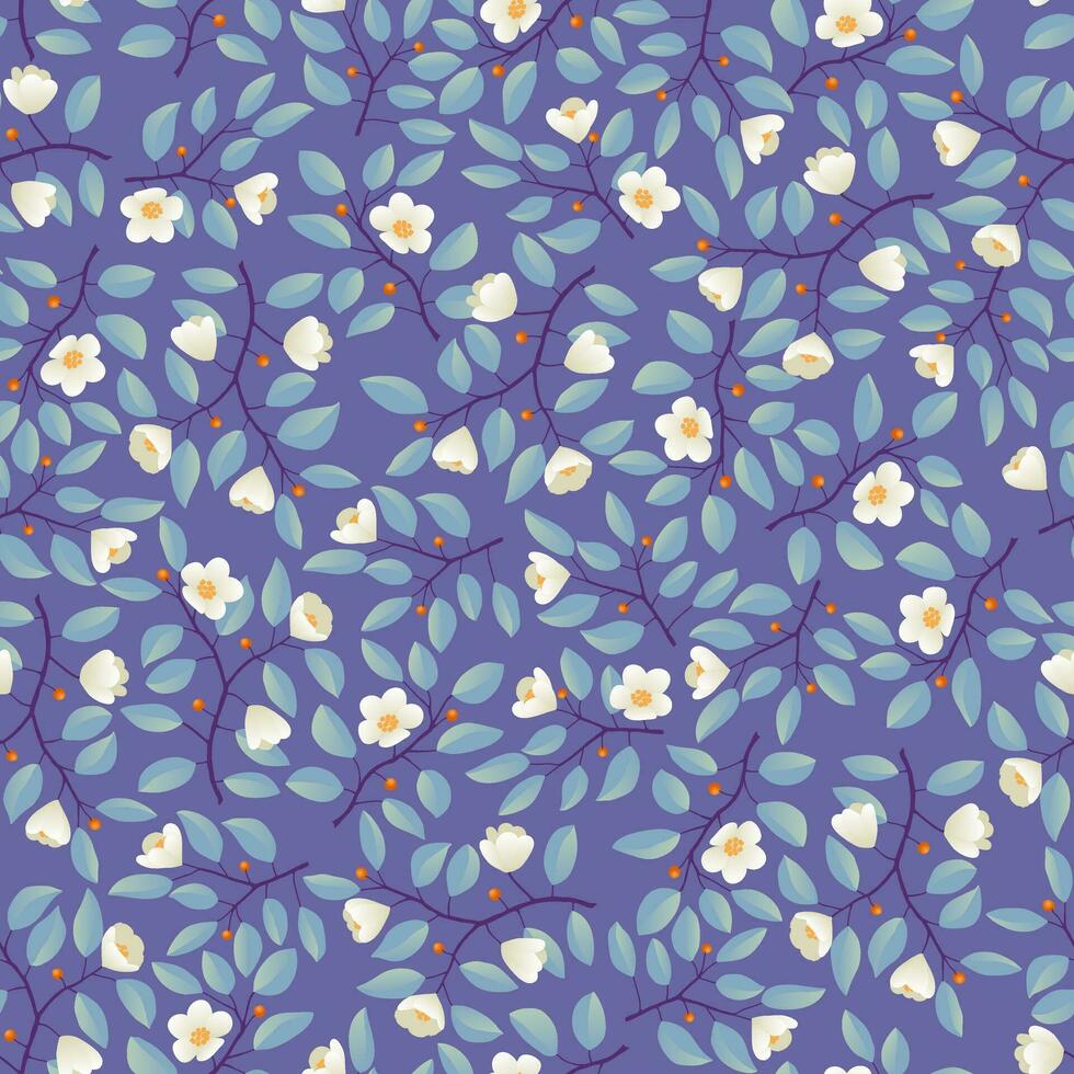 floral antecedentes - sin costura patrón, ramas con verde azulado hojas y ligero crema flores en púrpura. vector ilustración, diseño para fondo de pantalla, textil, tela, envase.