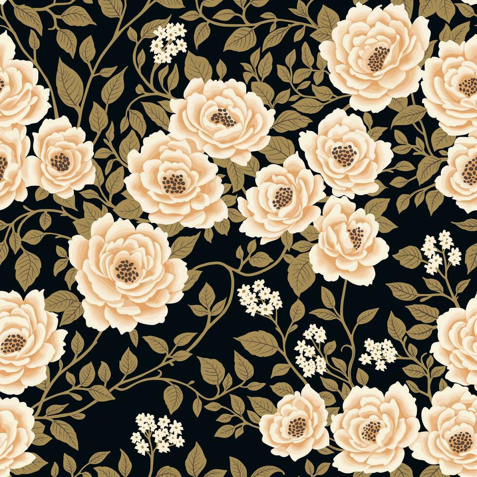 Floral Seamless Pattern of White Flowers and Khaki Green Leaves on Black Background in a Chinoiserie Style. Hand Drawn Art. Wallpaper Design for Textiles, Papers, Prints, Fashion, Beauty Products. vector