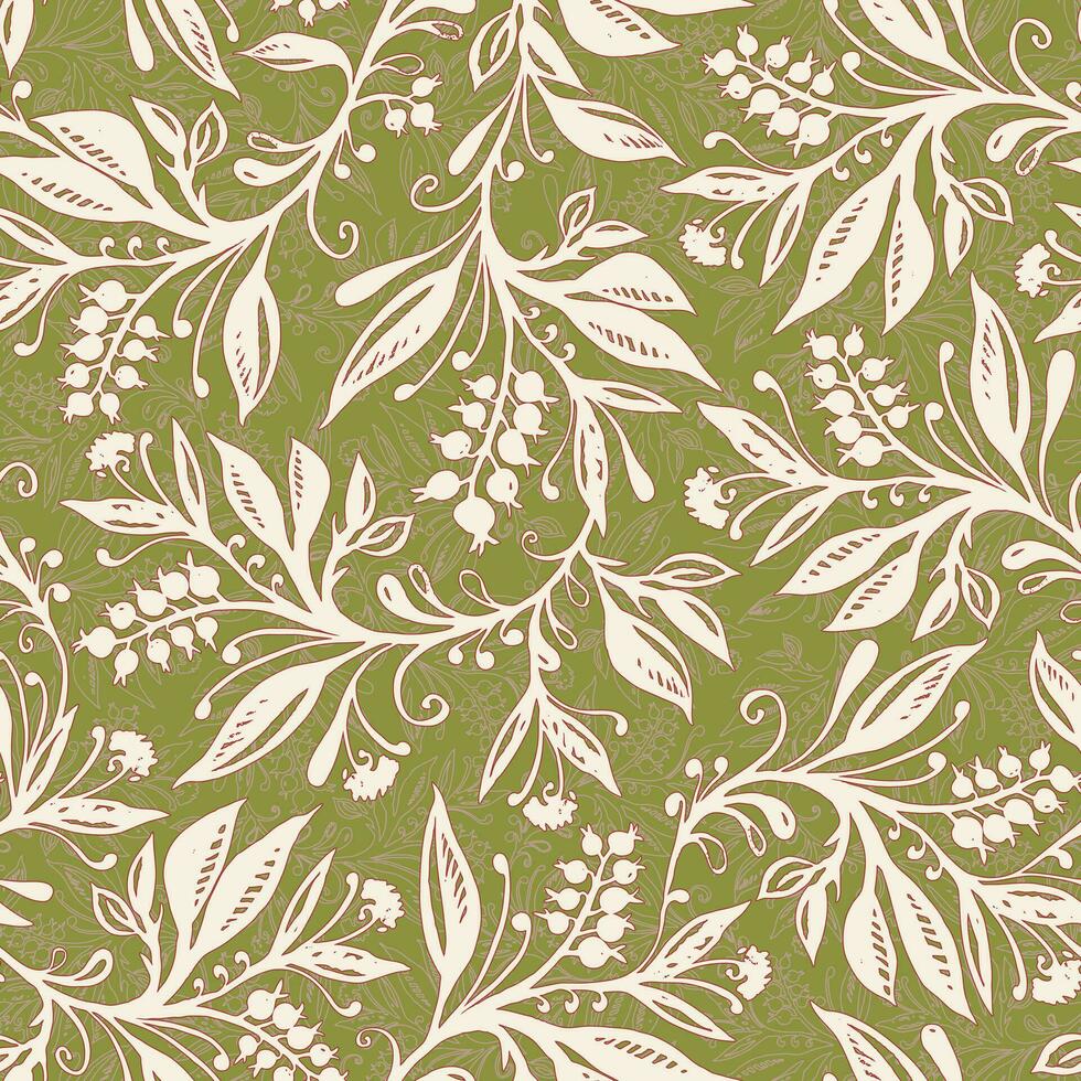 Floral seamless pattern with leaves and berries in chartreuse green cream palette, hand-drawn and digitized. Design for wallpapers, textiles, fabrics. vector