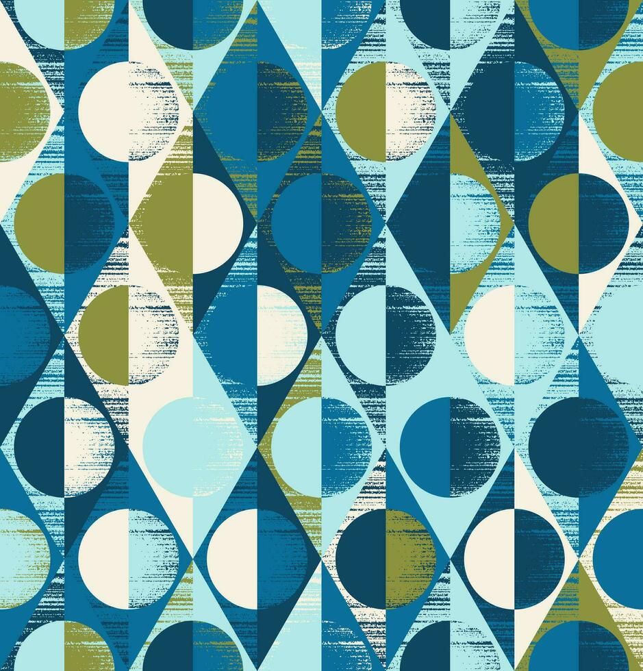 Geometric seamless pattern of rhombuses, triangles and circles chaotically painted in teal, olive, cream and light blue. Design for wallpaper, wrapping products, textiles, fabrics. vector