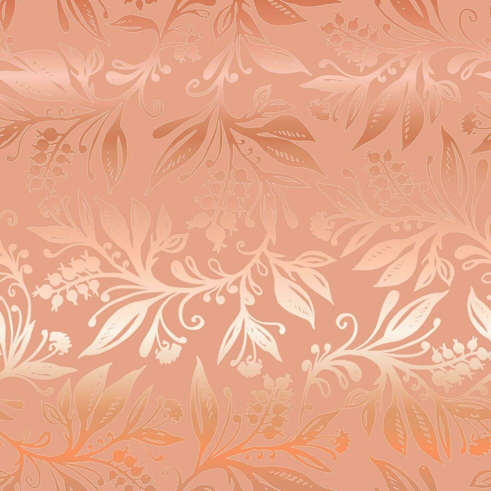 Floral pattern with leaves and berries in coral colors with metallic tint. Design for wallpapers, wrappings, textiles, fabrics. vector