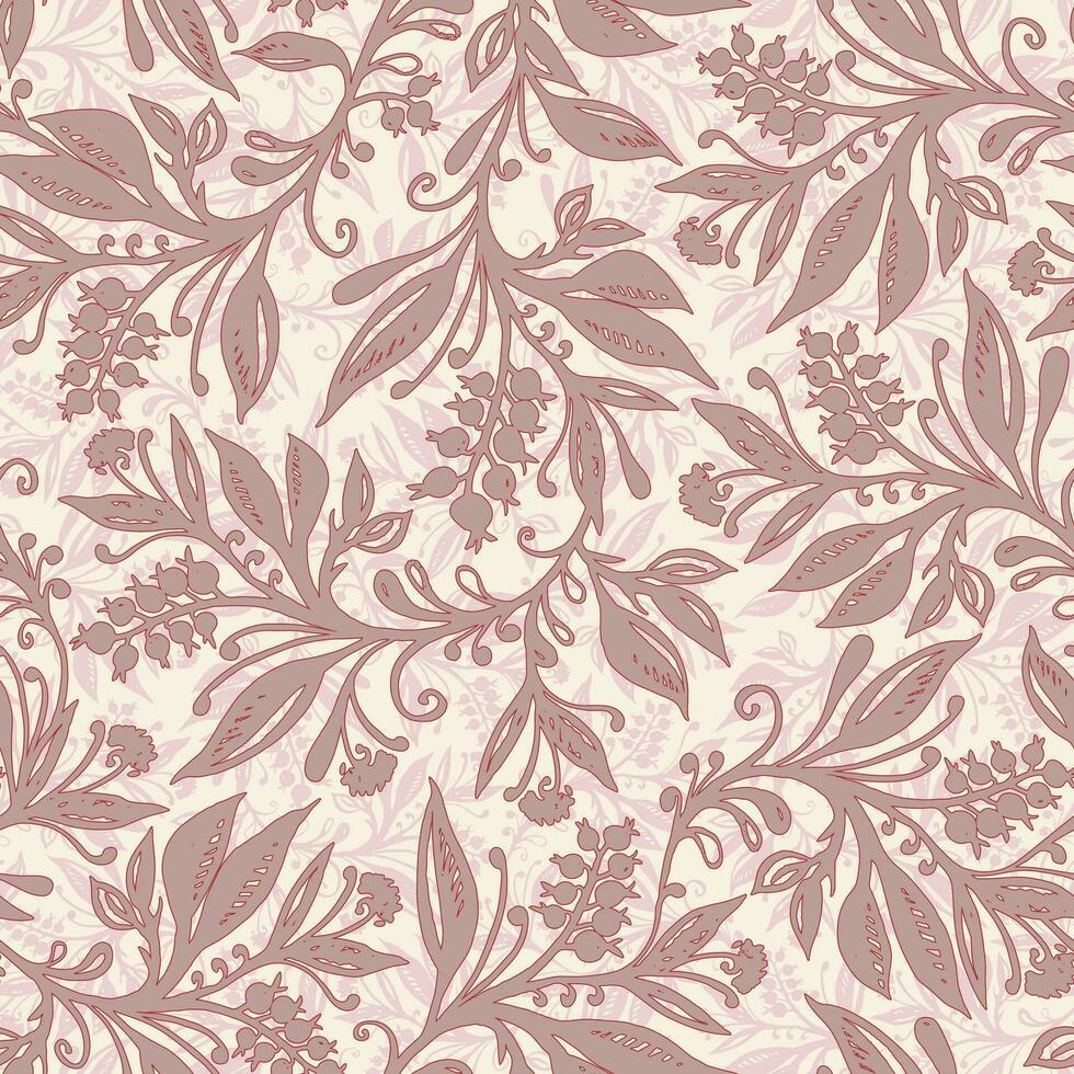 Floral seamless pattern with leaves and berries in pink, taupe, cream and red colors, hand-drawn and digitized. Design for wallpaper, textile, fabric, wrapping, background. vector