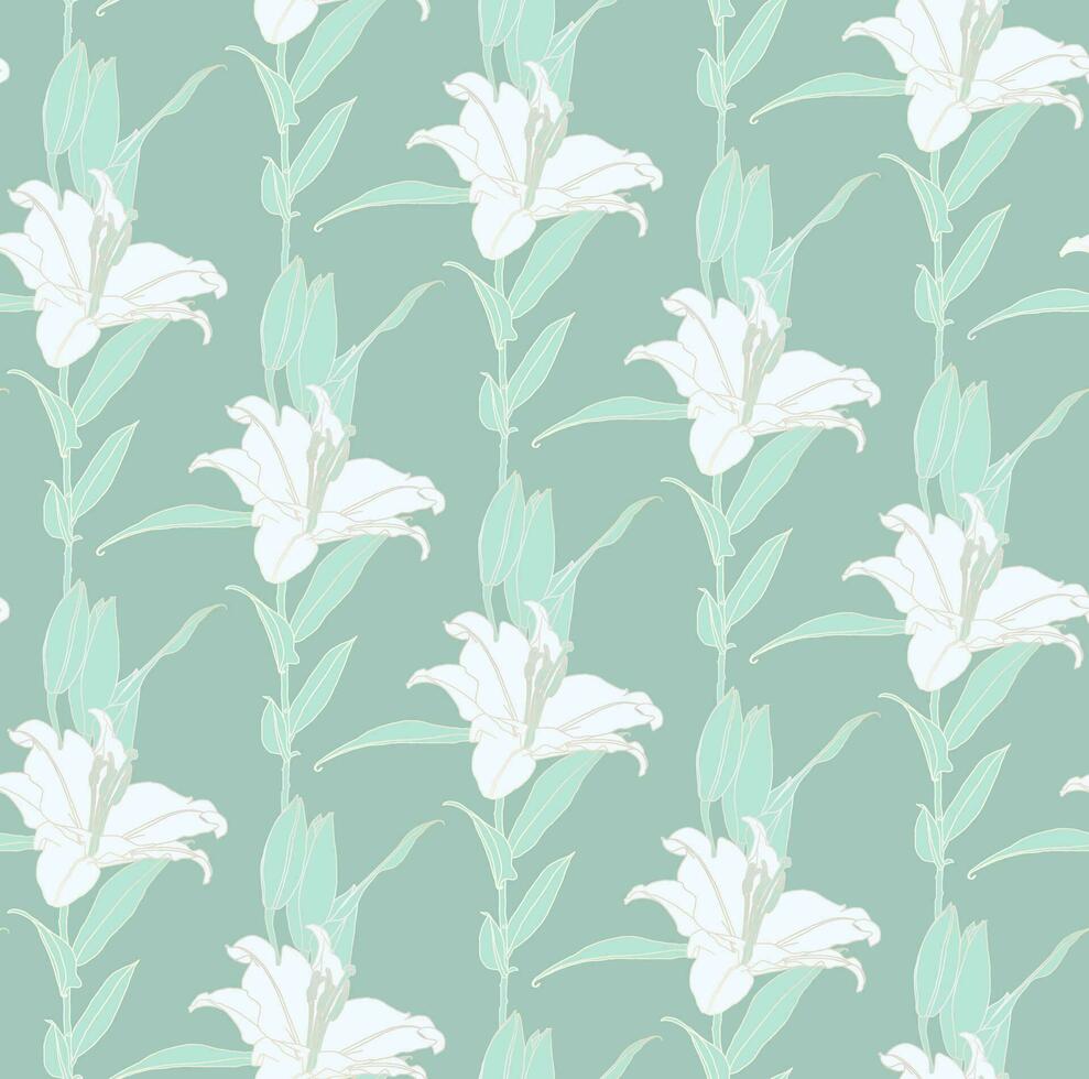 Floral seamless pattern of white and mint green color lily flowers with silver outline. Decorative print for wallpaper, wrapping, textile, fashion fabric or other printable covers. vector