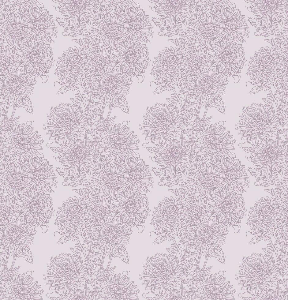 Chrysanthemums seamless pattern in lavender color, hand drawn wallpaper design for print, cover, fabric, wrapping paper, packaging, cosmetics, beauty products vector