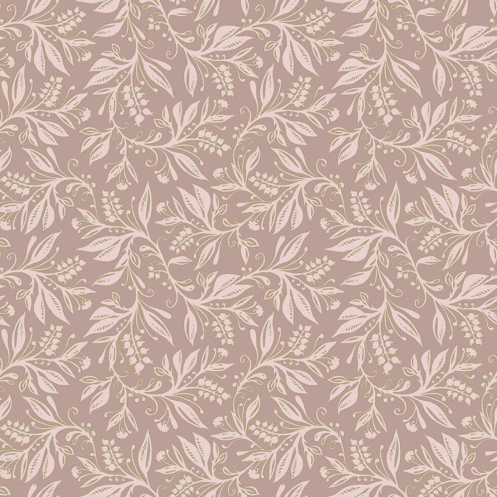 Floral seamless pattern with leaves and berries in pink and taupe colors, hand-drawn and digitized. Design for wallpaper, textile, fabric, wrapping, background. vector