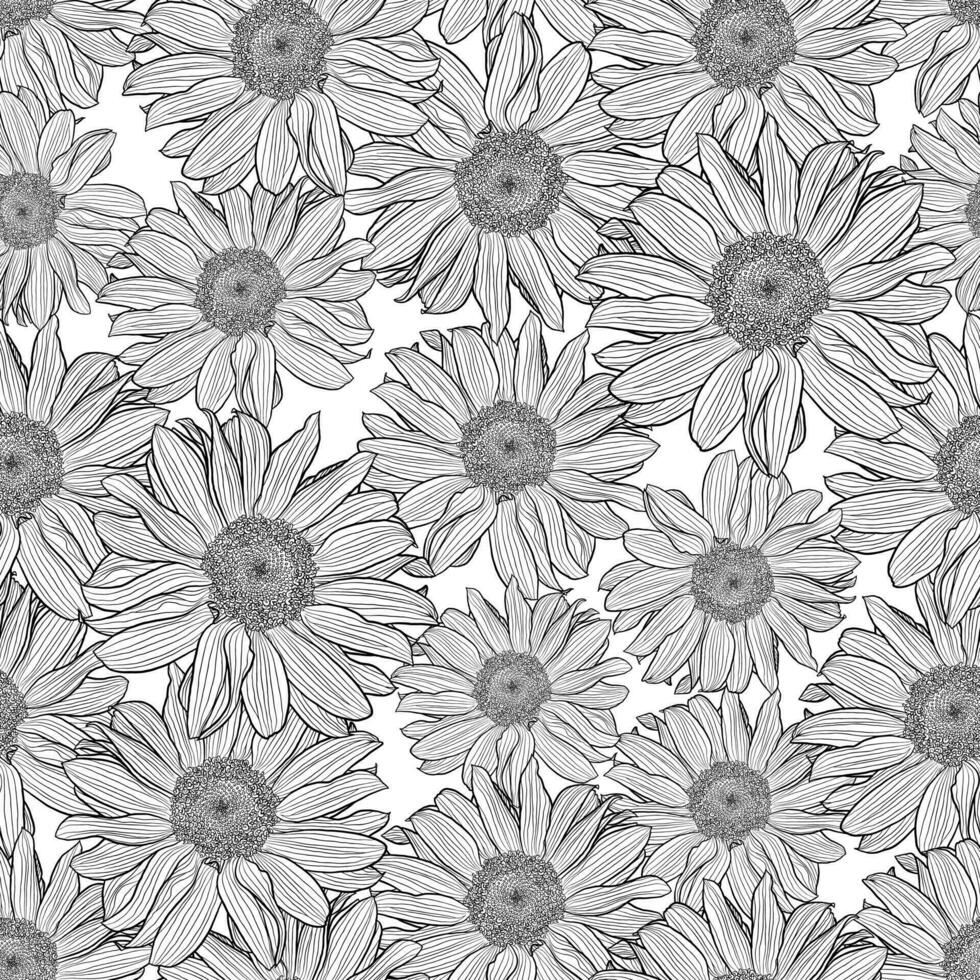 Vector seamless pattern of chamomile flowers in black and white. Decorative print for wallpaper, wrapping, textile, fashion fabric or other printable covers.